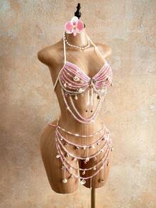 Mistrie Women's Summer Beach Beaded Shell Crystal Halter Bikini Top And Skirt Decoration Set - Pink - View 6
