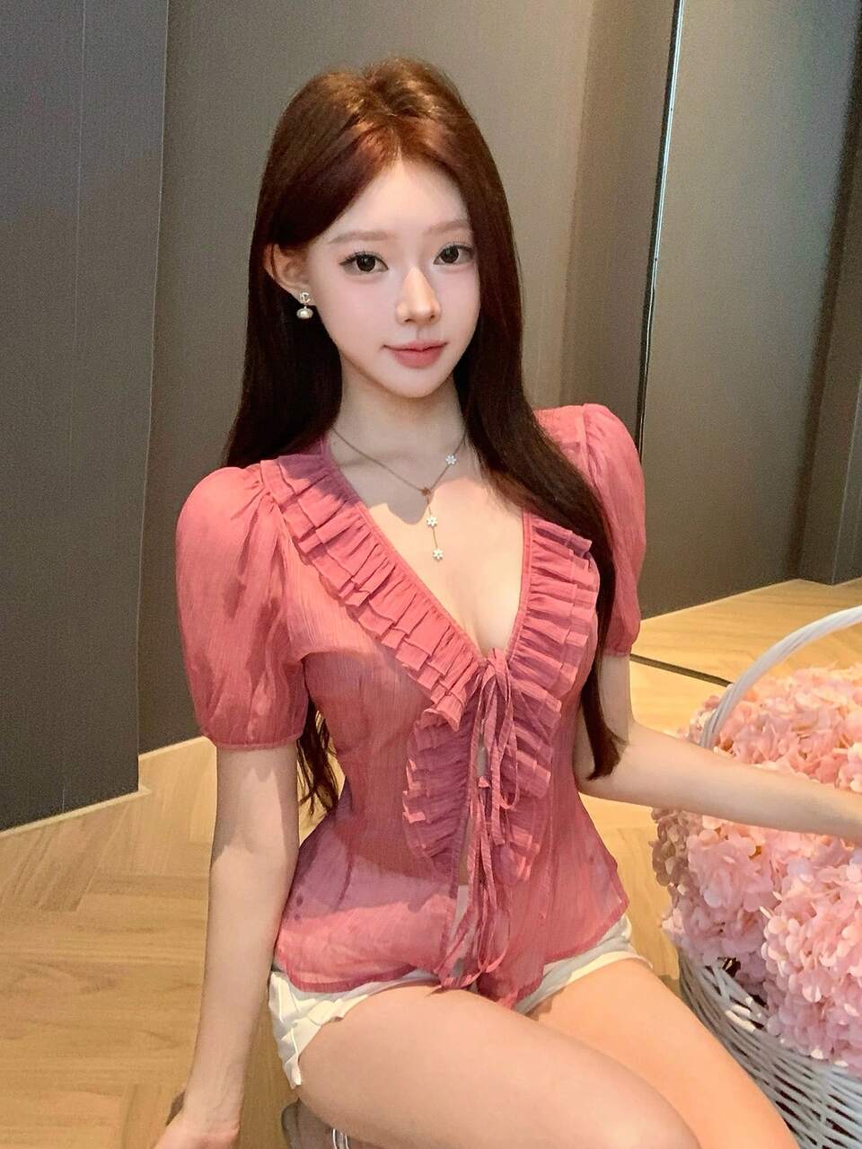 Summer Pink Lace Patchwork Tie-Front Cardigan Wedding Casual Vacation Chiffon Blouse Elegant Short Sleeve Women's Shirt