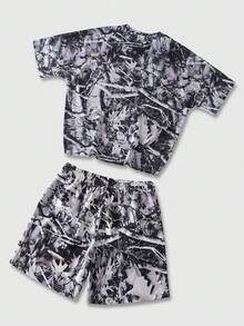 ROMWE MEN Men's Branch Print T-Shirt And Shorts Set - Grey - View 2