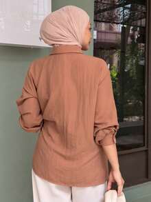 DAZY Women's Long Sleeve Brown Solid Color Fabric Button Front Tie Waist Loose Fit Long Shirt Top Summer Vacation - Watermelon Pink - View 2