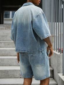 Manfinity EMRG 男士街頭風休閒刺繡藍色牛仔套裝 - 中等水洗藍 - 查看 5