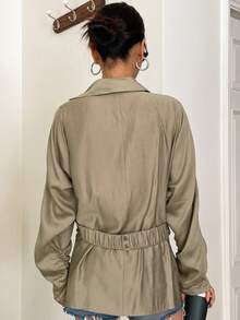 DAZY Blusa envolvente con manga de murciélago, bajo asimétrico y fruncido, manga larga, para otoño - Caqui - Ver 10