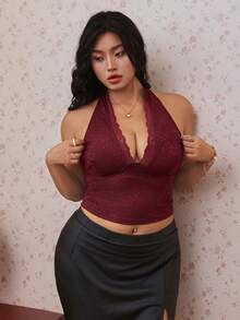 CovetEZ Spring/Summer New Burgundy Lace Sexy Minimalist Sexy Spaghetti Strap V-Neck Plus Size Camisole Cruise - Burgundy - View 5