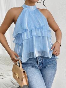Firerie Loose Neck Ruffle Asymmetrical Chiffon Blouse,Summer Top - Blue - View 3