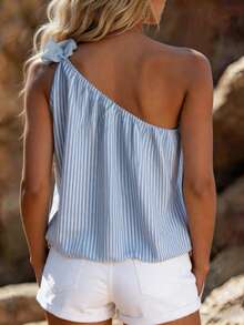 EMERY ROSE Women's Fashion Elegant Casual Vacation Ruffle Stripe One Shoulder Sleeveless Top - Blue - View 2