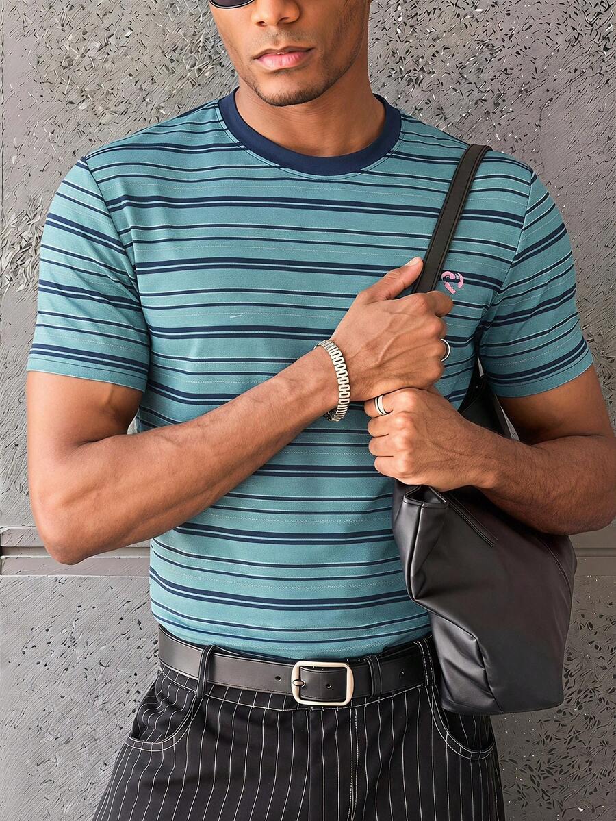 ESTAVOR Men's Fashion Knitted Striped Crew Neck Short Sleeve T-Shirt, Suitable For Summer - Multicolor - View 1