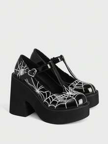 Sugerpunk Zapatos de mujer de moda con tacón inclinado y plataforma, estilo punk gótico de calle, punta redonda, suela gruesa, diseño de hebilla con bordado de hilo de telaraña - Negro de carbón mate - Ver 2