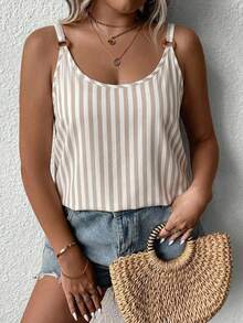 Comfylo Plus Size Apricot Striped Pattern Camisole, Suitable For Vacation And Casual Wear - Multicolor - View 2