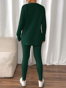 SHEIN Frenchy Drop Shoulder Ribbed Knit Tee & Leggings Textured Fabric Two Pieces - Olive Green - View 2