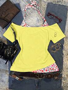 Attitoon Women's Floral Print 2 In 1 Colorblock Casual Versatile Halter Neck T-Shirt - Multicolor - View 2