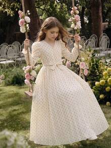 SHEIN Tween Girl Polka Dot Long Sleeve US Fall Style Fall Outfits Fall Dress Dresses For Girls - Apricot - View 3
