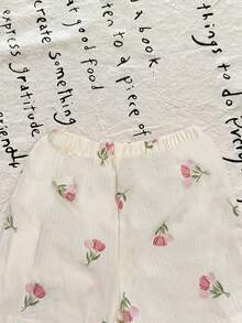 SHEIN 兒童嬰兒/幼兒（女童）背心套裝，碎花印花皺褶布料圓領無袖上衣與短褲套裝 - 粉色 - 查看 6