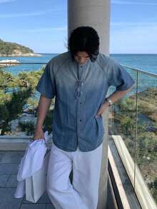 DAZY 男士短袖藍色字母刺繡圓領牛仔襯衫 - 藍色 - 查看 4