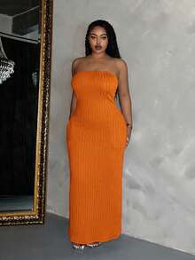 Slaydiva Slayr Plus Elegant Sexy Casual Solid Color Fitted Pocket Strapless Dress For Women Plus Size Vacation Orange Summer - Orange - View 5
