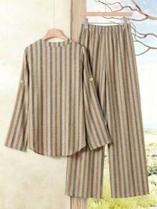 Rusticease Plus Size Women's Striped Pattern Cuffed Sleeve Button-Up Shirt And Pants 2 Pieces Set - Khaki - View 2