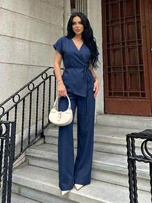 Aloruh 卡其色夏季通勤短袖西装套装，商务休闲两件套优雅纯色西装套装 - 藏蓝色 - 查看 3