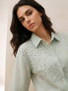 Anewsta Elegante Damen Bluse mit grünen Streifen, Perlen und Strass, vielseitig einsetzbar für Hochzeit, Party, Feiertagsoutfits - Minzgrün - Übersicht 5