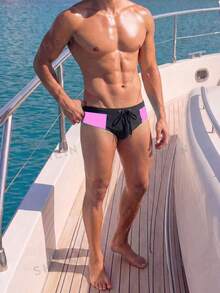 Manfinity Swimmode 2026新款男士拼色抽繩沙灘健身度假泳池派對三角泳褲 黑色 夏季性感 度假款 - 彩色 - 查看 4
