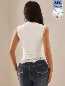 SHEIN PETITE 女款蕾絲拼接修身休閒日常上衣，適合嬌小女性 - 白色 - 查看 2