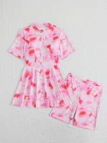 Swim Mulvari 新款夏季兩件式印花隨機圓領半袖前拉鍊泳衣與半長褲布基尼泳裝套裝 - 粉色 - 查看 4