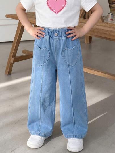 SHEIN Elladie kids Young Girl Light Blue Denim Wide Leg Long Pants, Casual Cute Vintage Relaxed Girl Style, Elastic High Waist Side Stitching Heart-Shaped Pocket Design, Loose Wide Leg Fit, Suitable For Back To School, Graduation Season, Children's Day, Party, City Event, Travel, Commute, Casual, Vintage Return Outfit, Children's Denim Long Pants