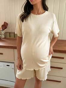 Dazy Maternity Solid Color Casual Loose Short Sleeve Top & Shorts 2-Piece Set, Spring/Summer Daily Wear For Pregnant Women - Yellow - View 4