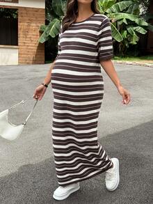 DAZY Round Neck Colorblock Striped Loose Casual Long Maternity Sweater Dress, Spring/Summer/Early Autumn - Brown - View 5
