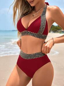 Swim Lushoire Women's Summer Beach Vacation Halter Neck Tie Strap Sexy Fashion Bikini Two-Piece Swimsuit Set Black - Burgundy - View 5