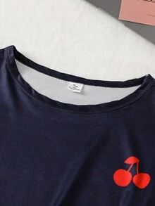 SHEIN 青少年女孩簡約圓領短袖上衣與條紋櫻桃印花長褲居家服套裝 - 彩色 - 查看 5