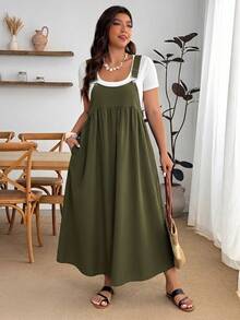 Enliva Plus Size Loose Black Strap Dress - Army Green - View 5