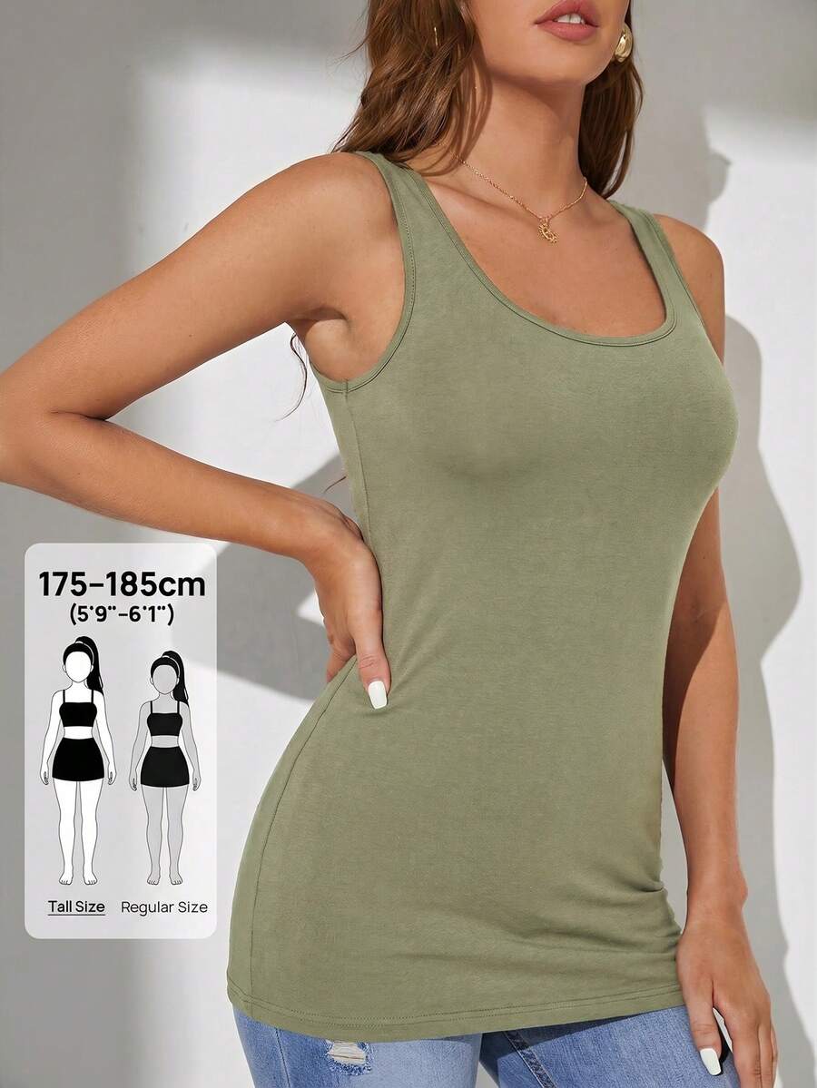 SHEIN Tall 女款純色方領修身貼身日常百搭寬肩帶背心,適合高個女性 - 軍綠色 - 查看 1