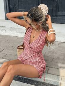 Serisse Women's Vacation Casual Boho Dusty Pink Tie-Front Wrap Tank Top And Shorts 2 Pieces Set Beach Summer - Red and White - View 7