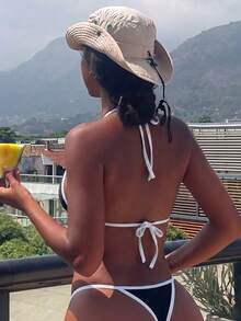 Costavie 女款度假海灘拼接飾邊泳衣套裝 - 黑色 - 查看 10