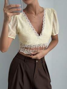 Livesso Women's Elegant Romantic Lace Trim Patchwork Casual Vacation Short Sleeve Blouse For Summer Wedding Banquet Pink And White - Beige - View 8