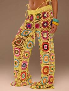 MUSERA Gemischte Häkelstrick-Cover-up-Hose mit tiefem Bund, Bindung und weitem Bein, sexy süß Boho für Sommer, Strand, Urlaub, Reisen, Festival, Pocha - Gelb - Übersicht 3