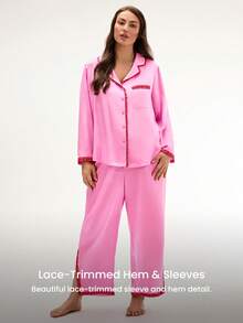 LUVLETTE Ensemble de pyjama et tenue d'intérieur grande taille pour femme, sexy, en satin soyeux luxueux avec bordure en dentelle, boutonné, long, rose aéré, lingerie pour la Saint-Valentin - Rose bonbon - Voir 9