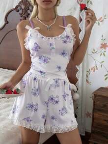 CottageSlumber Romantic Floral & Butterfly Print Lace Patchwork Knit Camisole Women's Pajama Set - Multicolor - View 6