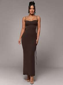 Silquee Women's Solid Color Fashion Sexy Ruched Slim Fit Spaghetti Strap Dress Golf Pastal - Brown - View 6