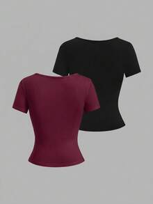 Sweetra Women's Solid Color Front Knot Short Sleeve Casual T-Shirt - Multicolor - View 2