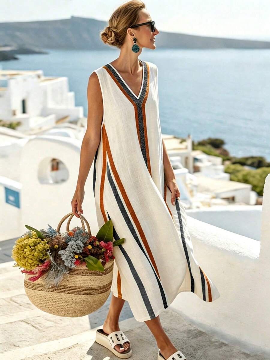 Louniche 女款標準尺寸藍黃條紋印花拼接V領休閒度假中長洋裝 - 彩色 - 查看 1