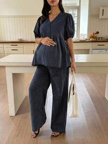 Dazy Maternity Fashion Striped Set Loose Short Sleeve Top Long Casual Pants Daily Wear Maternity 2 Pieces Set Summer - Navy Blue - View 4