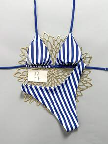 Swim Mod 女款 26 春夏新款條紋龍蝦印花雙層布料 V 領露背三角比基尼套裝 2 件組 甜美海灘度假風 - 彩色 - 查看 4