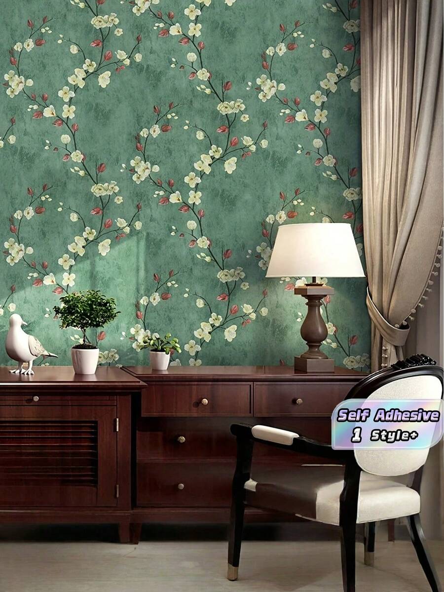 1PC Removable Waterproof Peel And Stick Self Adhesive Vinyl Vintage Olive Green Plum Blossom Branch Pattern Wallpaper For Appliance Furniture Kitchen Cabinet Home Wall Decor Room Background Renovation Easy Install Renter Friendly - olive green - View 1