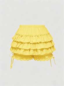 ROMWE Kawaii Women's Drawstring Waist Ruched Casual Daily Skort - Yellow - View 2