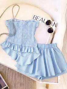 GlowEve Women's Summer Blue And White Striped American Hot Girl Style Coastal Chic Tropical Sweet Spicy Fitted Ruffle Top + Shorts 2 Pieces Set Vacation Beach - Blue and White - View 2