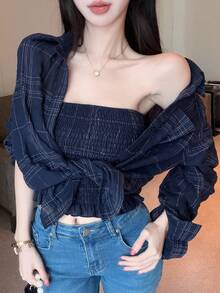 DAZY 春秋藍色韓風細肩帶背心與格紋襯衫開襟外套兩件套，休閒寬鬆街頭風可愛通勤女款T恤 - 藏蓝色 - 查看 4