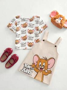 TOM & JERRY X SHEIN 女嬰卡通印花短袖T恤吊帶裙休閒套裝 - 杏色 - 查看 2