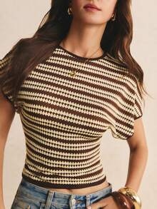 Poéselle Women's Summer Casual Striped Waist-Cinching T-Shirt - Brown - View 4