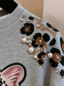 青少年女孩T恤，女孩上衣，附仿刺繡、仿珠飾與仿豹紋印花，灰色寬鬆版型，適合春夏，休閒舒適，酷夏系列，女孩夏季必備，返校必備，童裝 - 彩色 - 查看 7