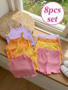 SHEIN Kids Young Girl Solid Color Ribbed Camisole And Shorts Set Orange Summer Pcs - Multicolor - View 11